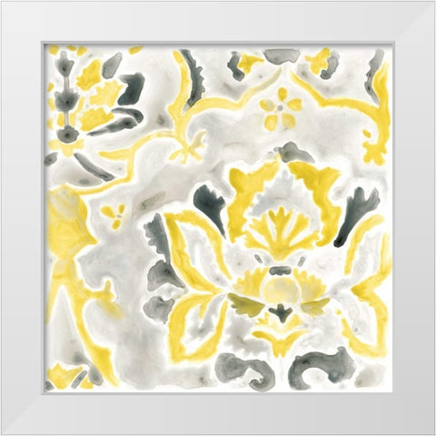 Citron Damask Tile III White Modern Wood Framed Art Print by Vess, June Erica