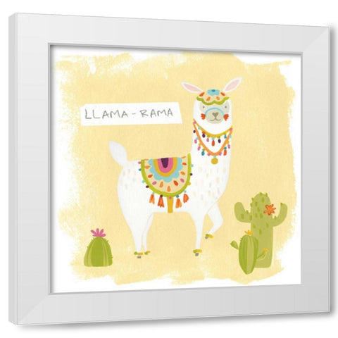 Pom Pom Llama Rama III White Modern Wood Framed Art Print by Vess, June Erica