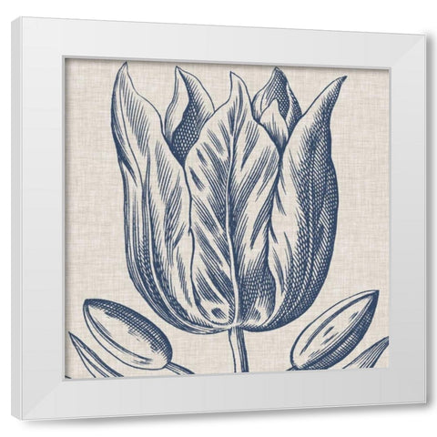 Indigo Floral on Linen VI White Modern Wood Framed Art Print by Vision Studio