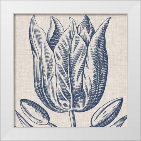 Indigo Floral on Linen VI White Modern Wood Framed Art Print by Vision Studio