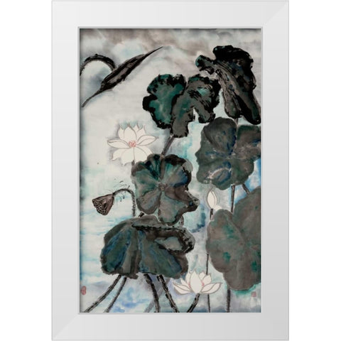Lotus Study with Blue Green I White Modern Wood Framed Art Print by Rae, Nan