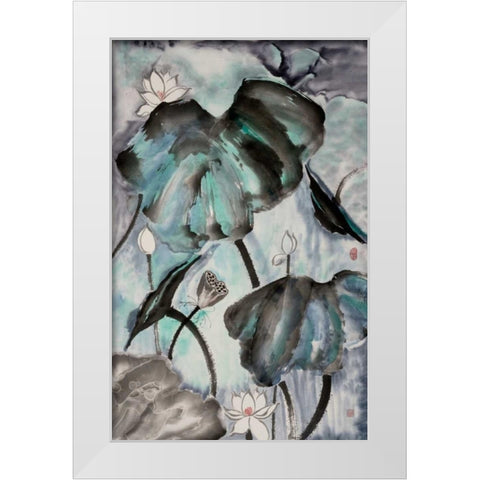 Lotus Study with Blue Green II White Modern Wood Framed Art Print by Rae, Nan
