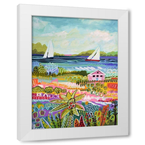 Two Sailboats and Cottage I White Modern Wood Framed Art Print by Fields, Karen