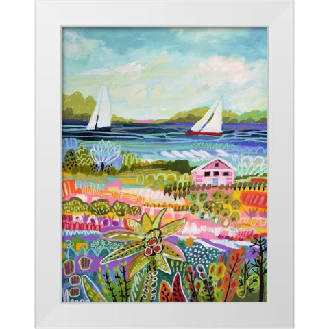 Two Sailboats and Cottage I White Modern Wood Framed Art Print by Fields, Karen