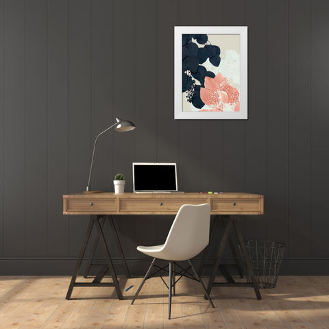 Indigo and Blush Leaves III White Modern Wood Framed Art Print by Goldberger, Jennifer