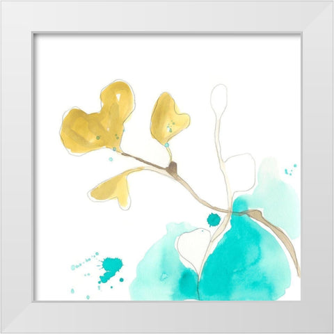 Teal and Ochre Ginko V White Modern Wood Framed Art Print by Vess, June Erica