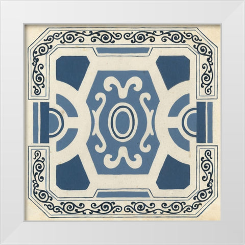 Indigo Motif V White Modern Wood Framed Art Print by Vess, June Erica