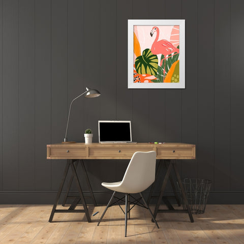 Jungle Flamingo I White Modern Wood Framed Art Print by Vess, June Erica