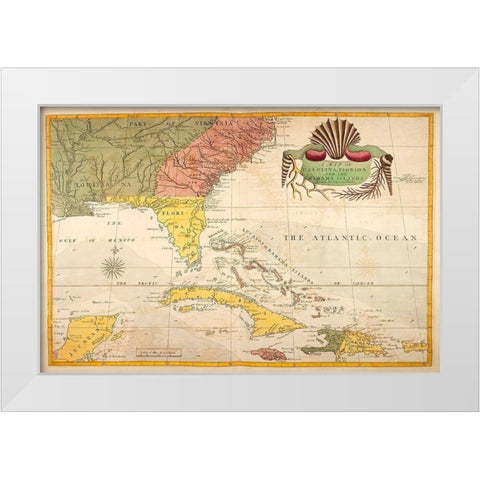Map of Carolina, Florida and the Bahama Islands White Modern Wood Framed Art Print by Catesby, Mark