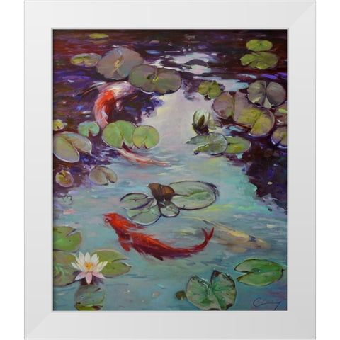 Red Koi and Lilies White Modern Wood Framed Art Print by Larivey, Chuck