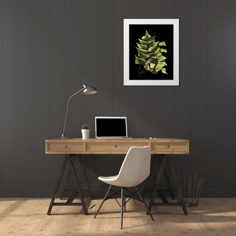 Custom Green Leaves on Black VI (LG) White Modern Wood Framed Art Print by Vision Studio