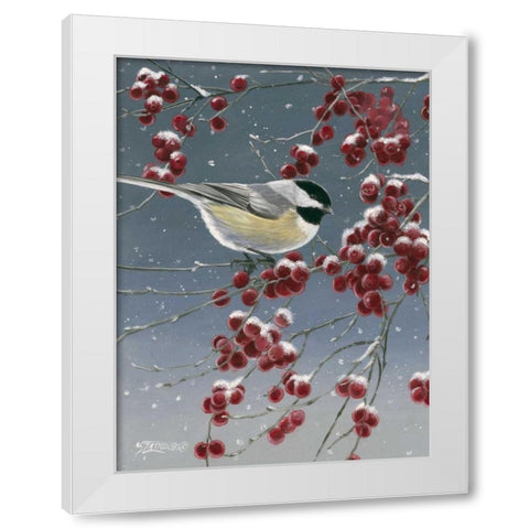 Winter Chickadees I White Modern Wood Framed Art Print by Szatkowski, Fred