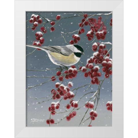 Winter Chickadees I White Modern Wood Framed Art Print by Szatkowski, Fred