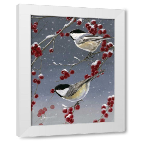Winter Chickadees II White Modern Wood Framed Art Print by Szatkowski, Fred