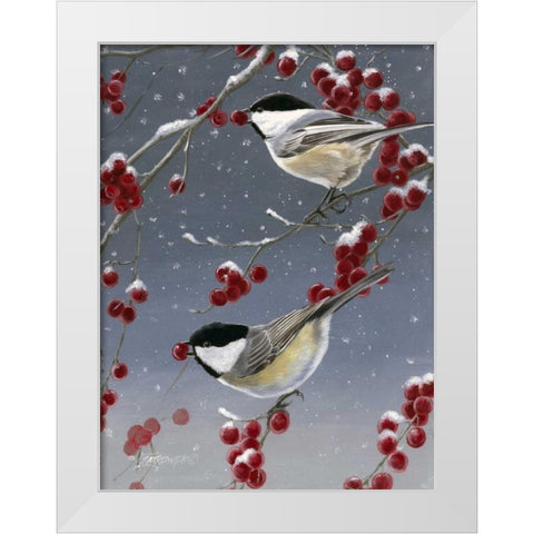 Winter Chickadees II White Modern Wood Framed Art Print by Szatkowski, Fred