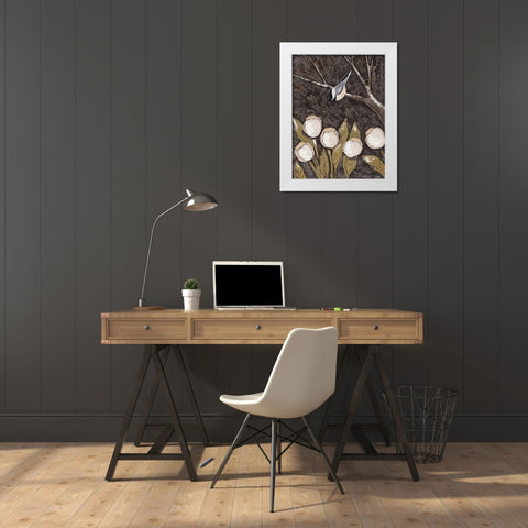 Chickadee and Tulips II White Modern Wood Framed Art Print by Reynolds, Jade