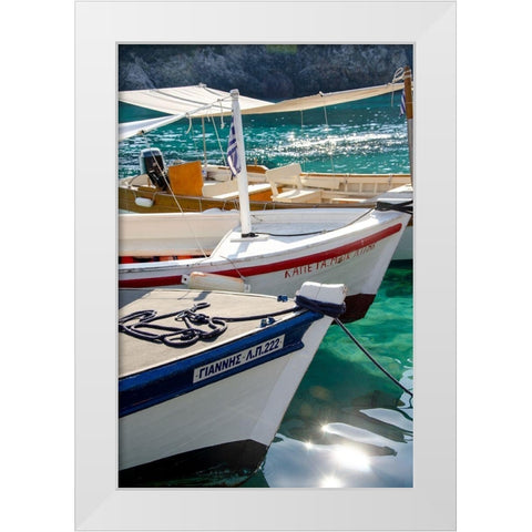Workboats of Corfu, Greece I White Modern Wood Framed Art Print by DeNardo, Laura