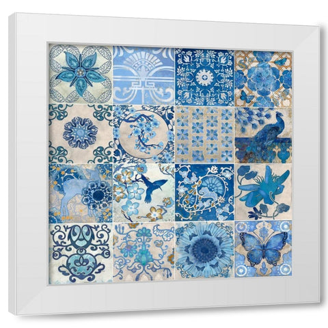 Blue and White Tiles White Modern Wood Framed Art Print by Evelia Designs