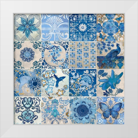 Blue and White Tiles White Modern Wood Framed Art Print by Evelia Designs