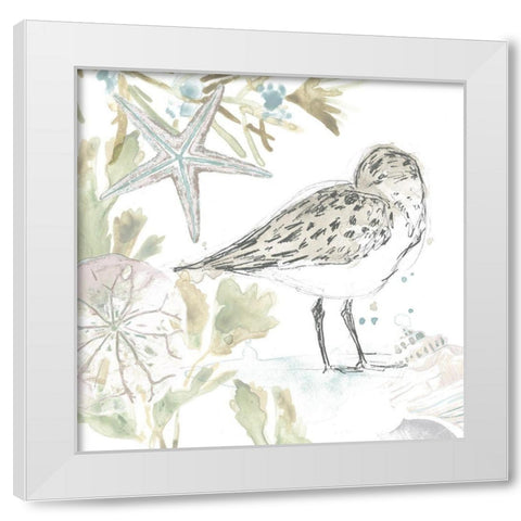 Seaside Sandpipers I White Modern Wood Framed Art Print by Vess, June Erica