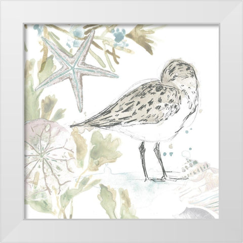 Seaside Sandpipers I White Modern Wood Framed Art Print by Vess, June Erica
