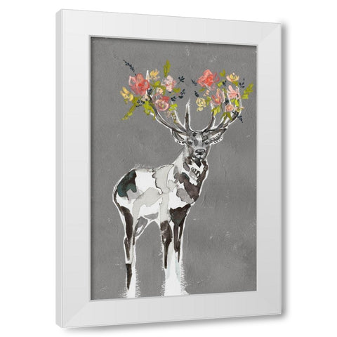 Custom Deer and Flowers I White Modern Wood Framed Art Print by Goldberger, Jennifer