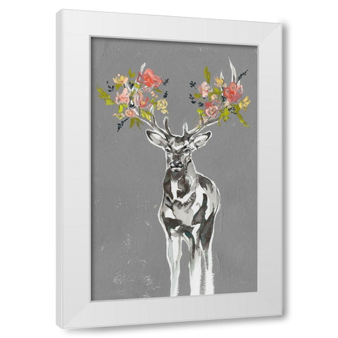 Custom Deer and Flowers II White Modern Wood Framed Art Print by Goldberger, Jennifer