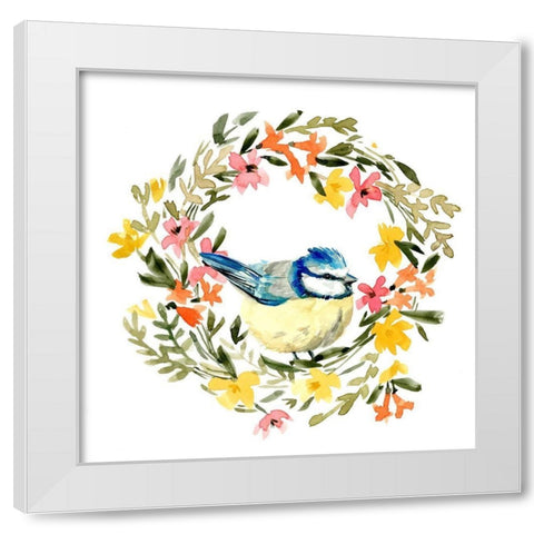 Springtime Wreath and Bird I White Modern Wood Framed Art Print by Caroline, Emma