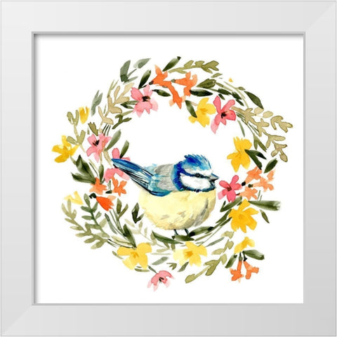 Springtime Wreath and Bird I White Modern Wood Framed Art Print by Caroline, Emma