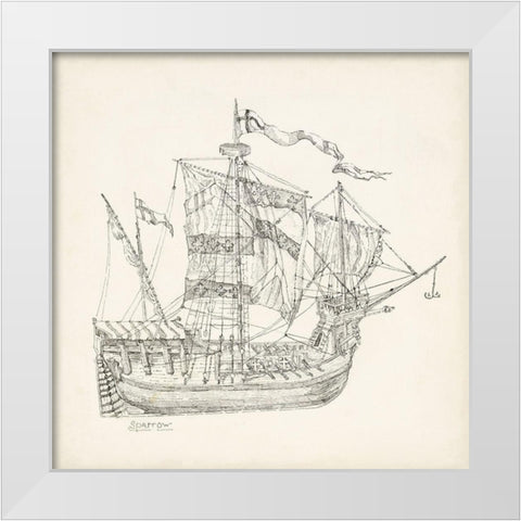 Antique Ship Sketch VIII White Modern Wood Framed Art Print by Foust, Richard