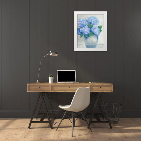 Blue Hydrangeas in Vase II White Modern Wood Framed Art Print by OToole, Tim