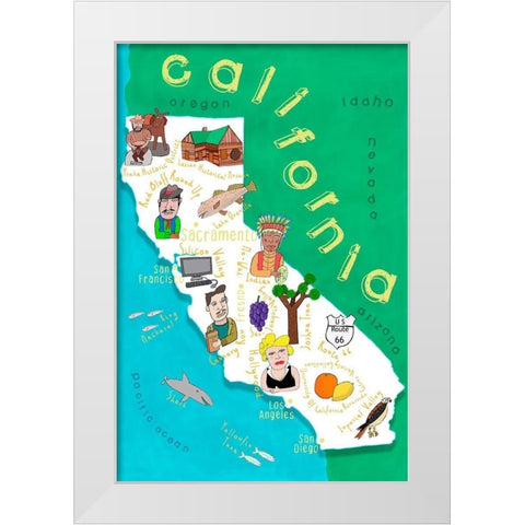 Illustrated State Maps California White Modern Wood Framed Art Print by Daly, Carla
