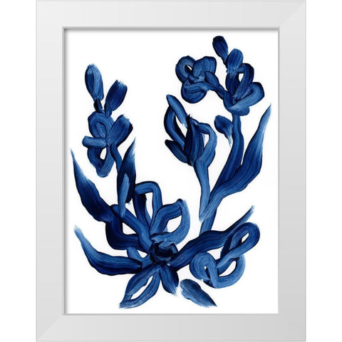 Indigo Brush Blooms I White Modern Wood Framed Art Print by Vess, June Erica