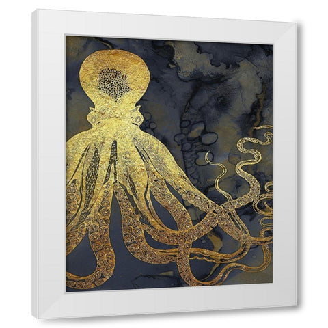 Octopus Ink Gold And Blue I White Modern Wood Framed Art Print by Zalewski, Christine