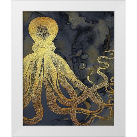 Octopus Ink Gold And Blue I White Modern Wood Framed Art Print by Zalewski, Christine