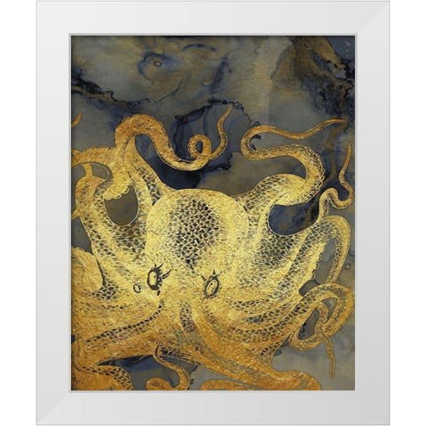 Octopus Ink Gold And Blue II White Modern Wood Framed Art Print by Zalewski, Christine