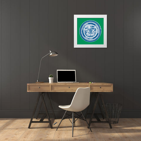 Blue Pagoda on Green II White Modern Wood Framed Art Print by Vision Studio