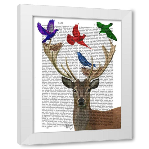 Deer and Birds Nests White Modern Wood Framed Art Print by Fab Funky