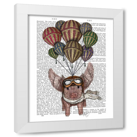 Pig And Balloons White Modern Wood Framed Art Print by Fab Funky