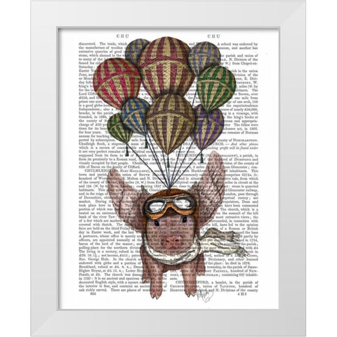 Pig And Balloons White Modern Wood Framed Art Print by Fab Funky