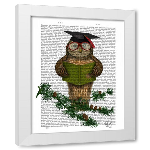 Owl Reading On Branch White Modern Wood Framed Art Print by Fab Funky