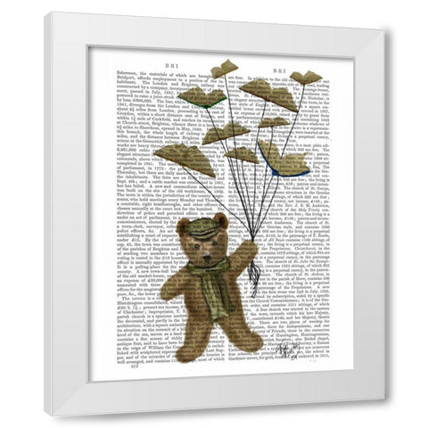 Bear with Book Butterflies White Modern Wood Framed Art Print by Fab Funky