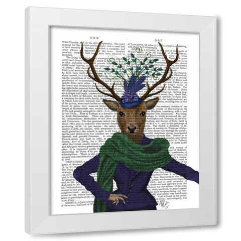 Deer and Fascinator White Modern Wood Framed Art Print by Fab Funky