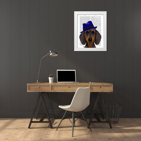 Dachshund With Blue Trilby White Modern Wood Framed Art Print by Fab Funky