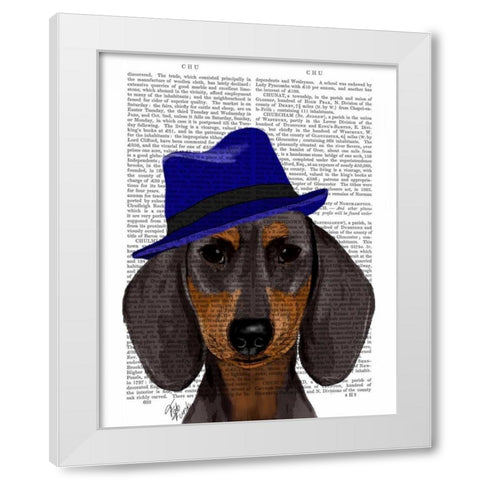 Dachshund With Blue Trilby White Modern Wood Framed Art Print by Fab Funky