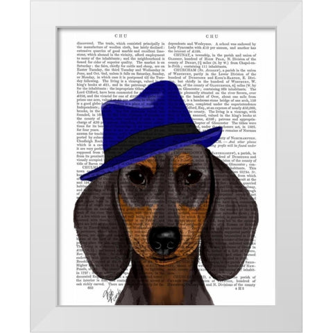 Dachshund With Blue Trilby White Modern Wood Framed Art Print by Fab Funky