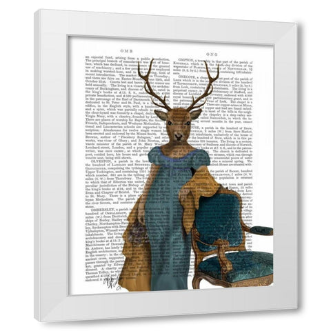 Deer In Blue Dress White Modern Wood Framed Art Print by Fab Funky