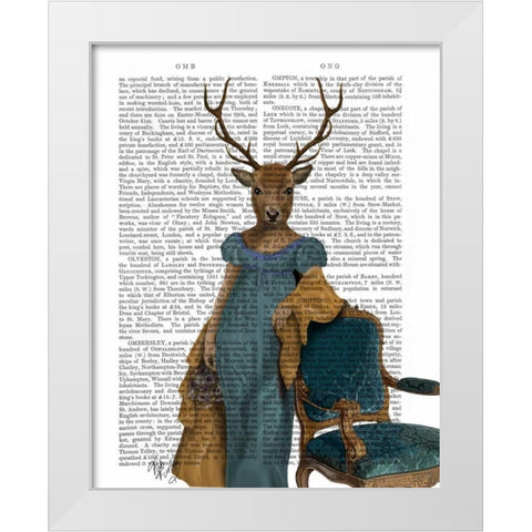 Deer In Blue Dress White Modern Wood Framed Art Print by Fab Funky