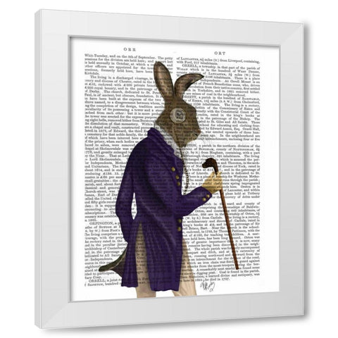 Hare In Purple Coat White Modern Wood Framed Art Print by Fab Funky