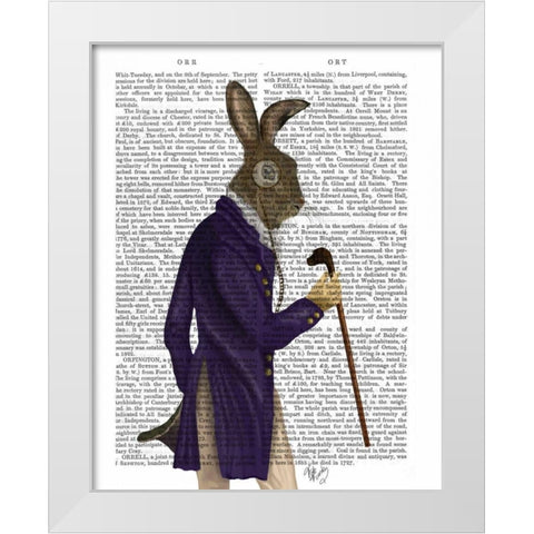 Hare In Purple Coat White Modern Wood Framed Art Print by Fab Funky